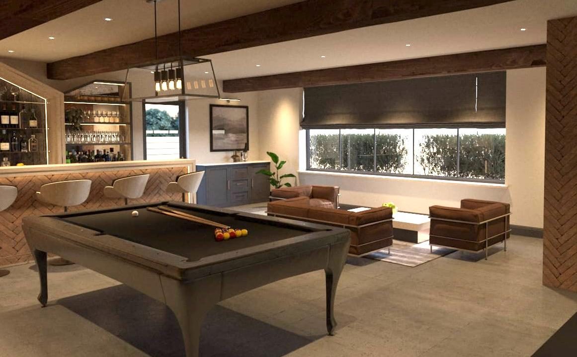 Bespoke games room with pool table, home bar and leather lounge seating — interior design render by Hafferty Interiors