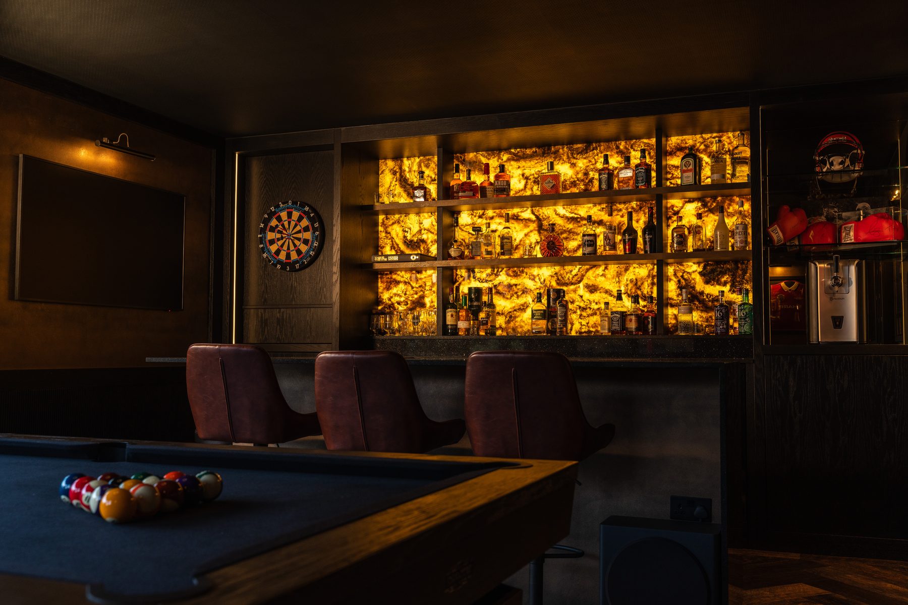 Luxury gentleman's home sports bar atmosphere — Hafferty Interiors Manchester