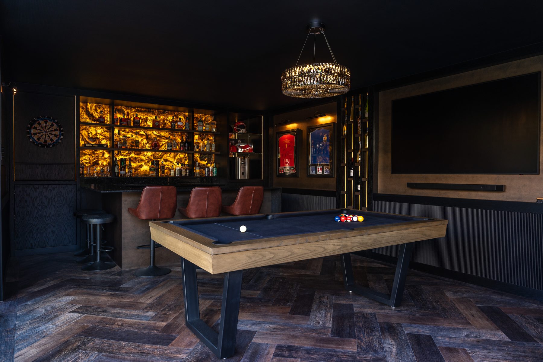 Pool table surround with integrated overhead lighting — Hafferty Interiors bespoke games room