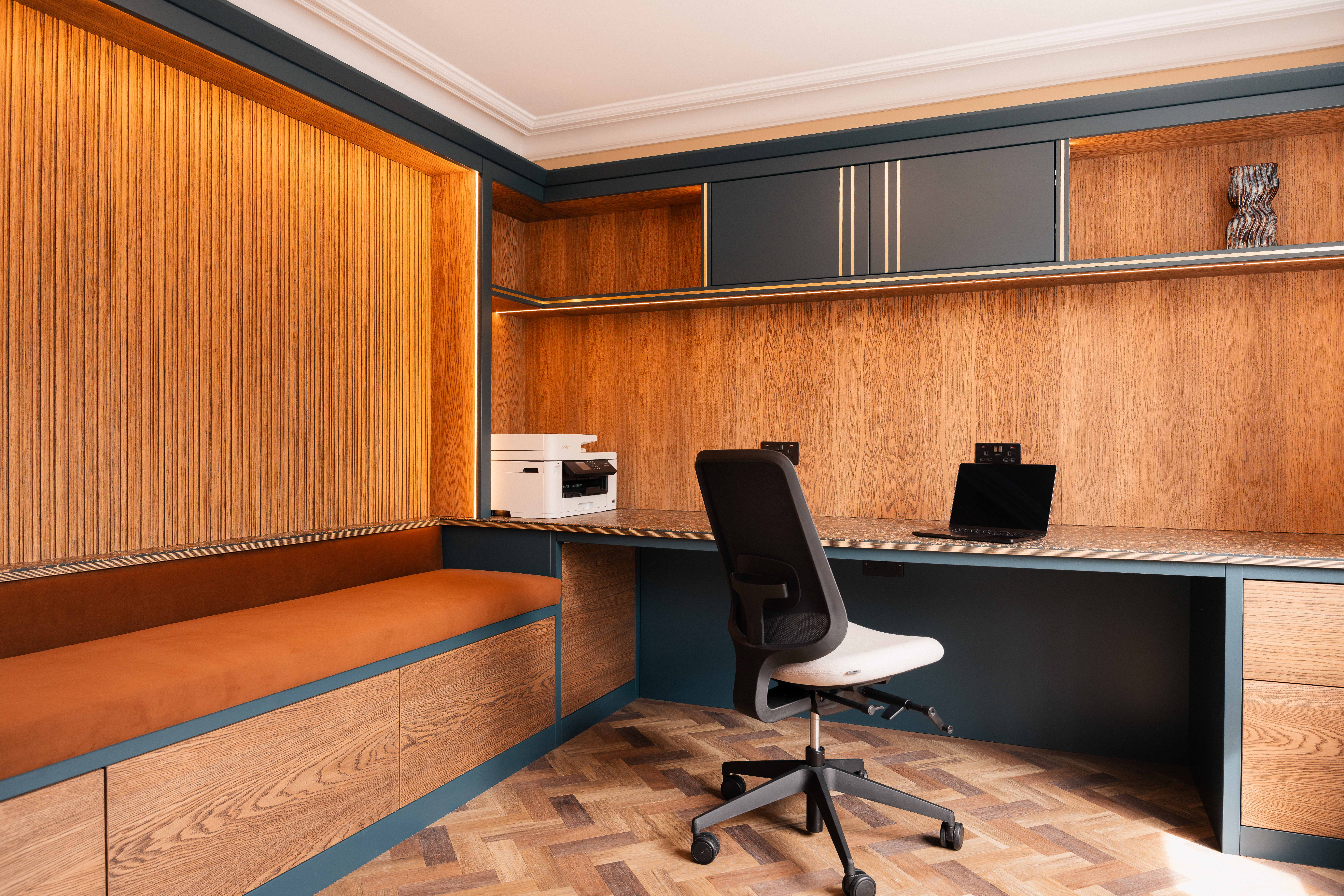 Bespoke home office Boothstown Manchester — teal joinery and velvet bench by Hafferty Interiors